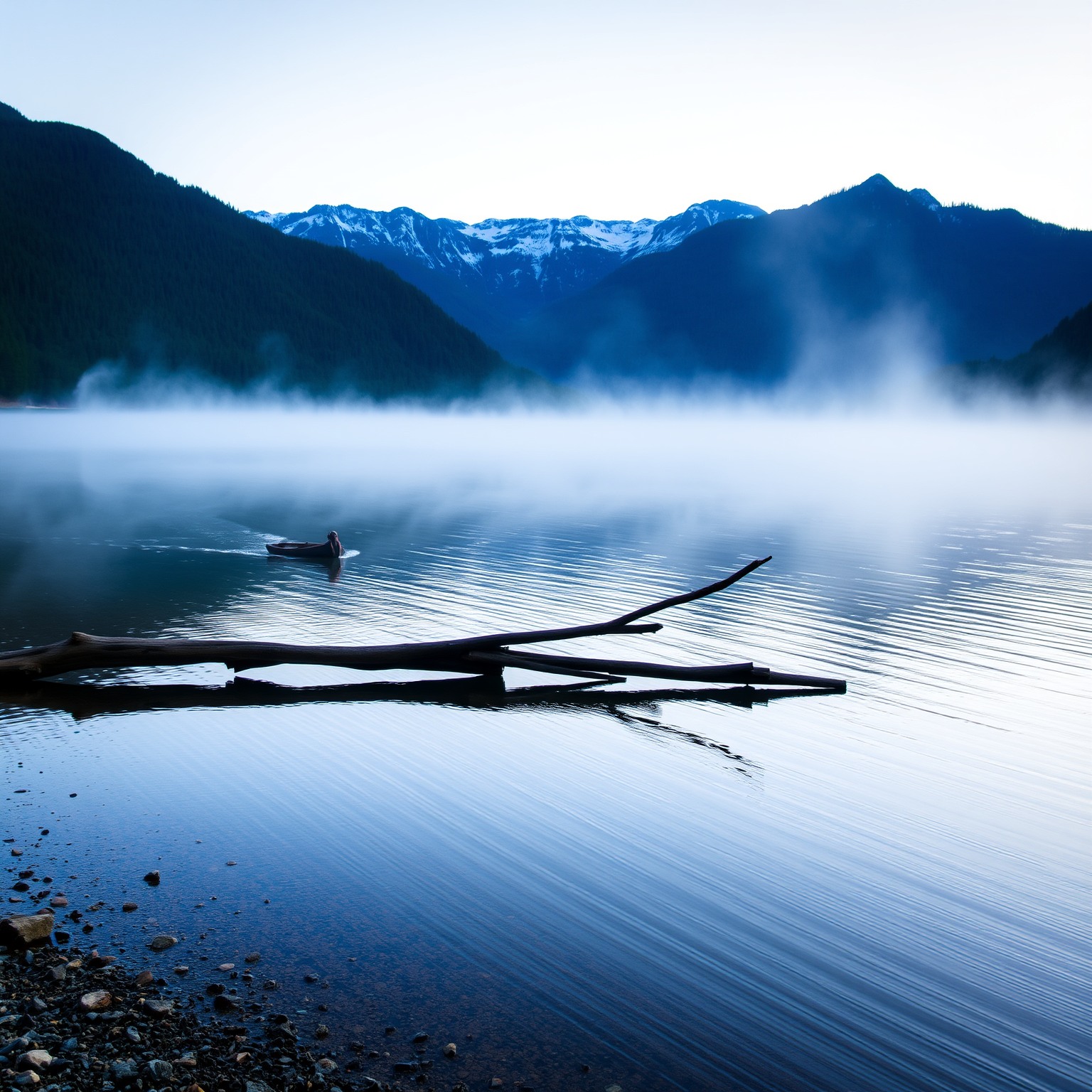Lakeside scene at dawn with mist rising from water and mountains surrounding