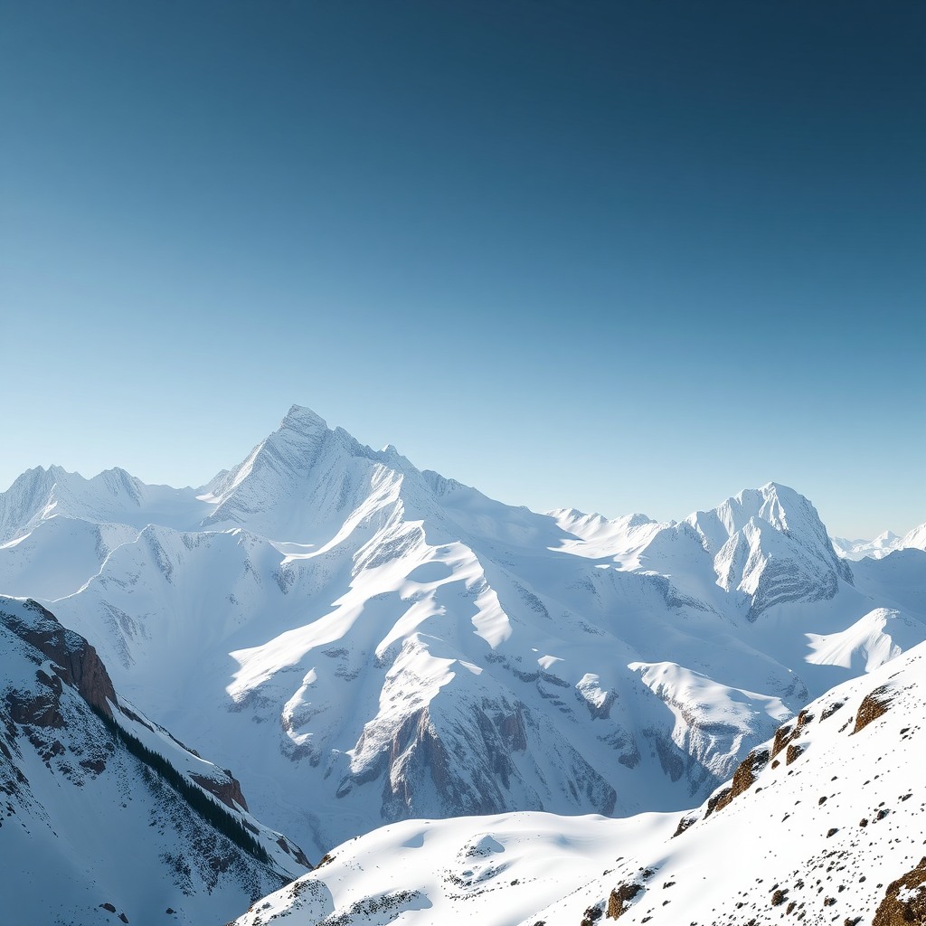Photo-realistic editorial photography, realistic scene representing snow-covered mountain peaks
