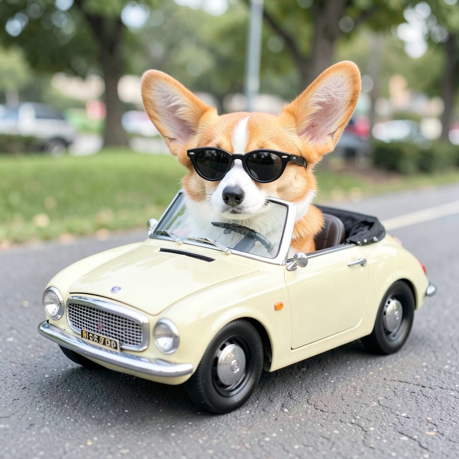 cute corgi wearing sunglasses driving tiny convertible car