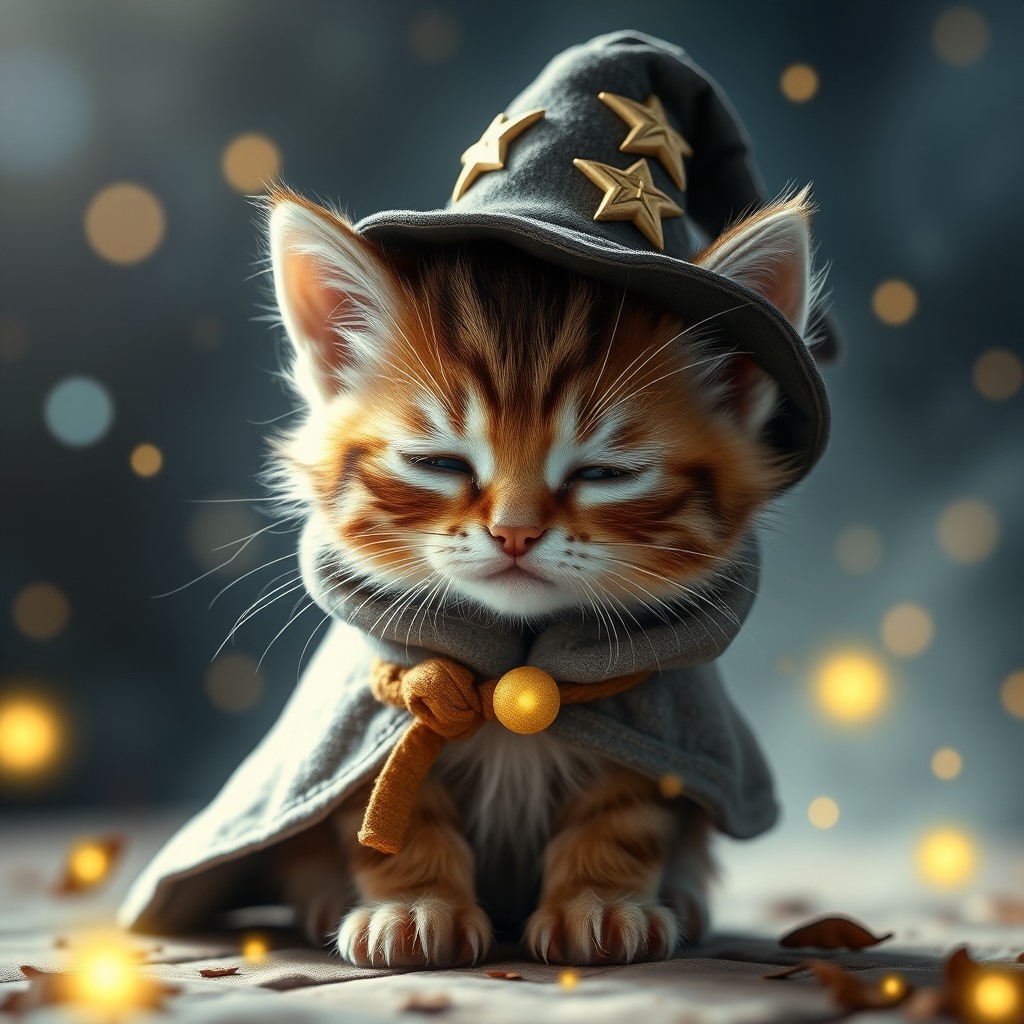 sleepy cute kitten dressed as a wizard, tiny hat and cloak, glowing magic particles, fantasy background, soft cinematic lighting, ultra detailed fur, storybook style