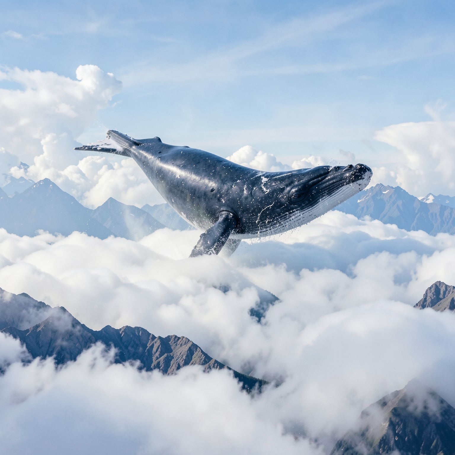giant whale swimming through clouds above mountains