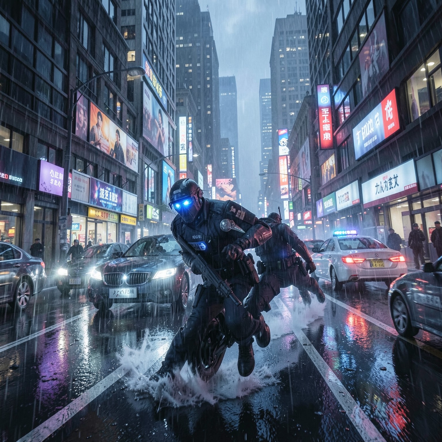 Futuristic police chase through rainy megacity streets