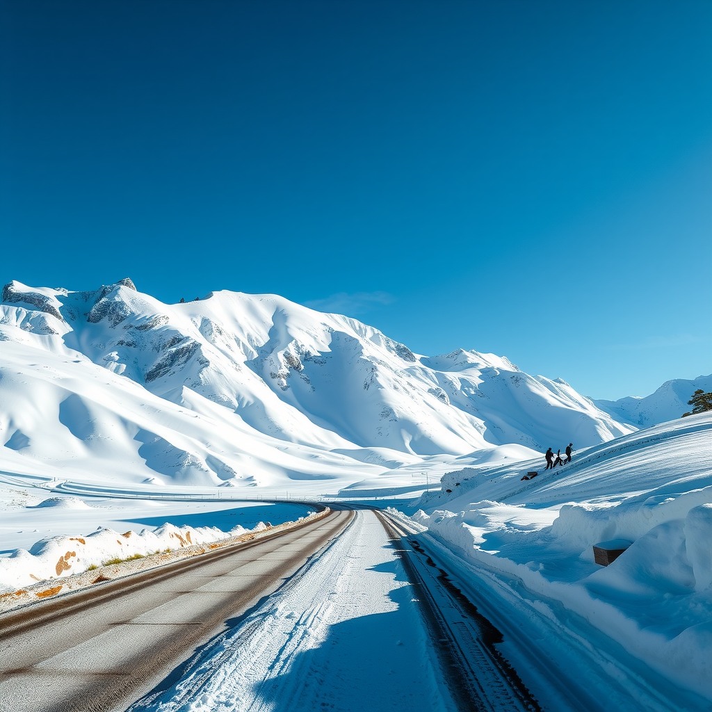 Photo-realistic snowy mountain pass under clear blue sky, crisp winter light, ultra-sharp focus
