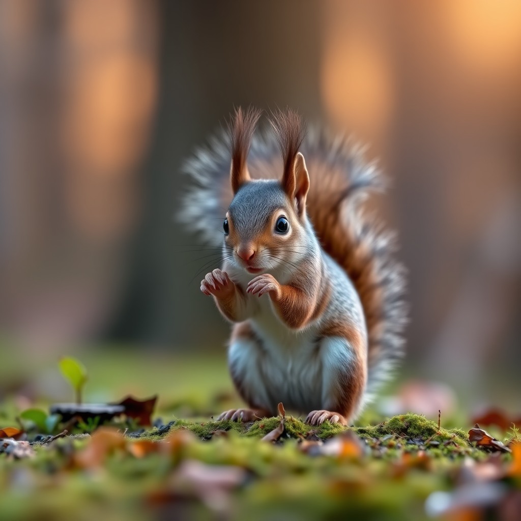 adorable baby squirrel, fluffy tail, forest background, warm light