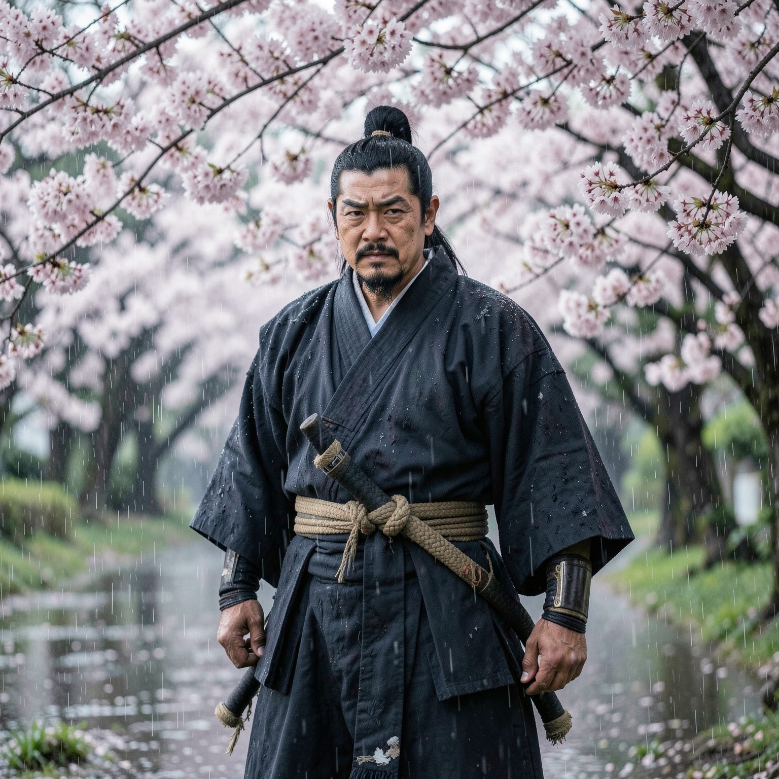 realistic samurai standing under cherry blossoms in the rain