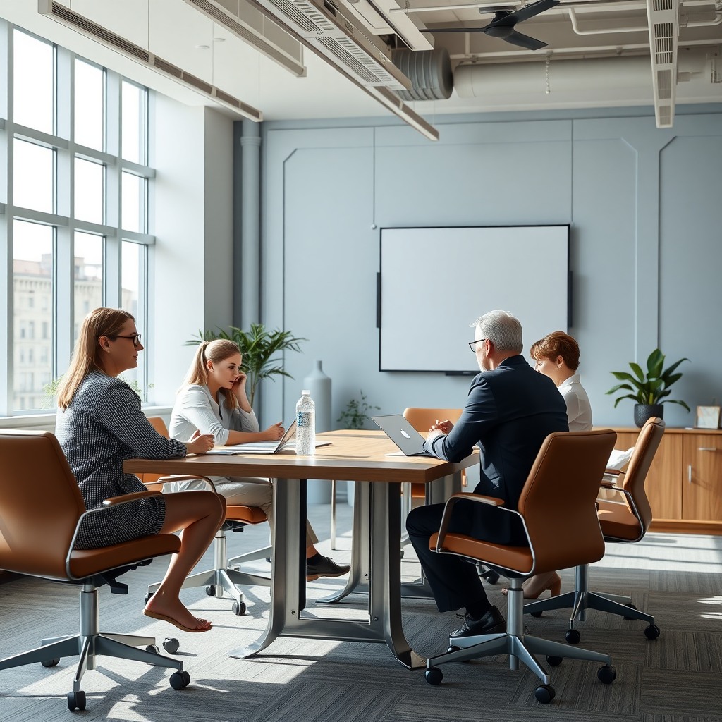 Photo-realistic editorial photography, realistic scene representing a business meeting in a contemporary office, people discussing around table, natural light, sharp focus