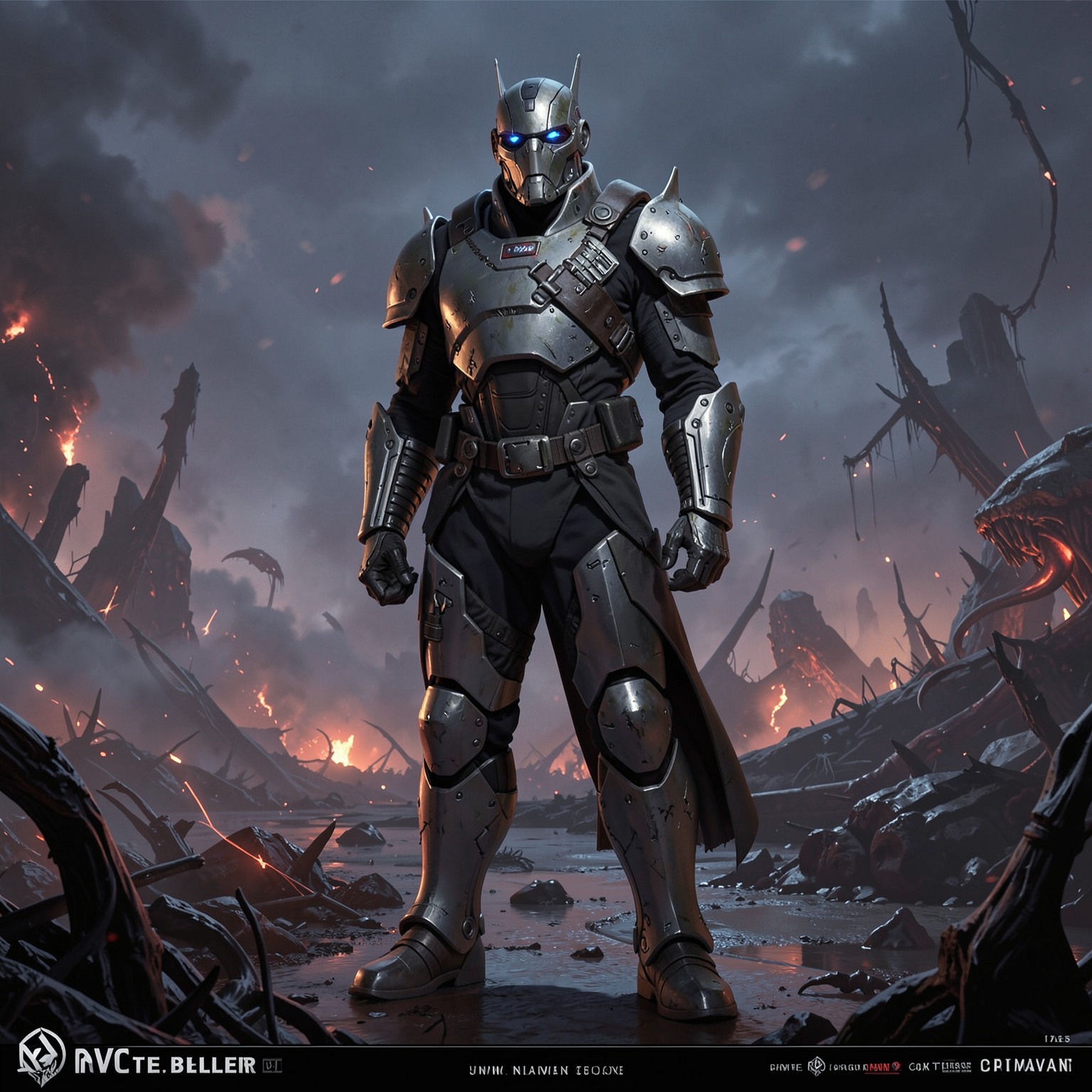 Space marine standing on alien battlefield