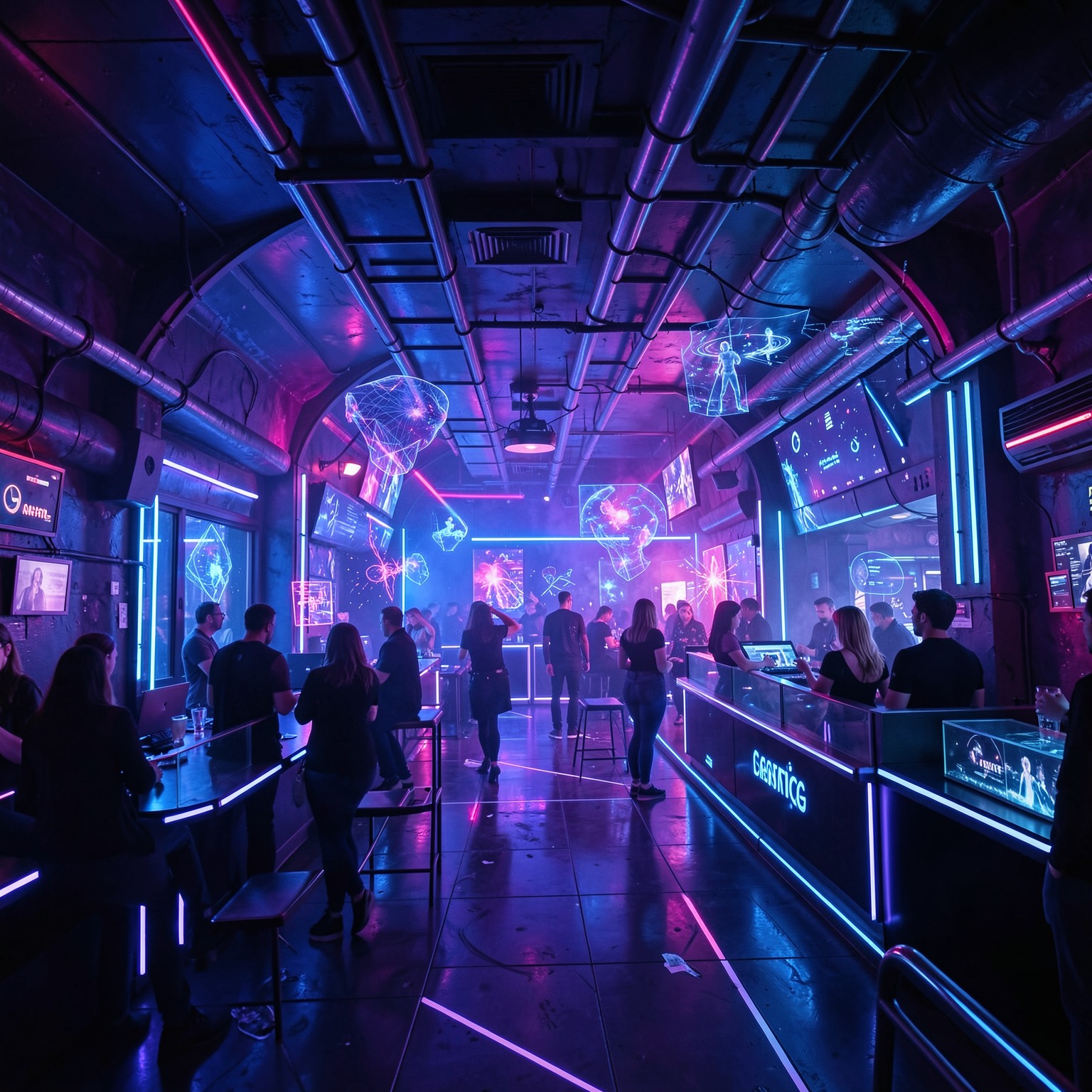 Futuristic underground nightclub with neon lights and holograms