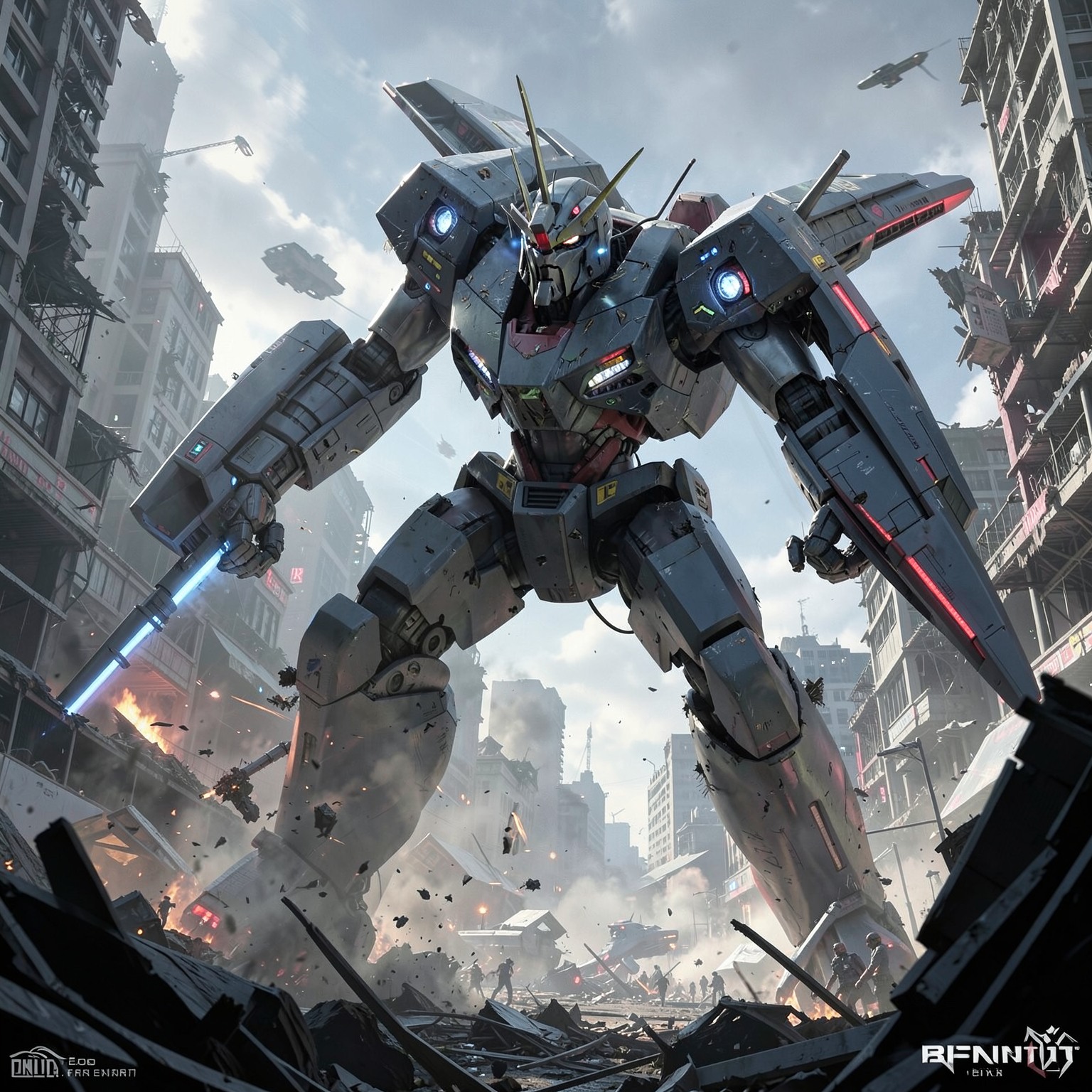 giant mecha battle in destroyed futuristic city