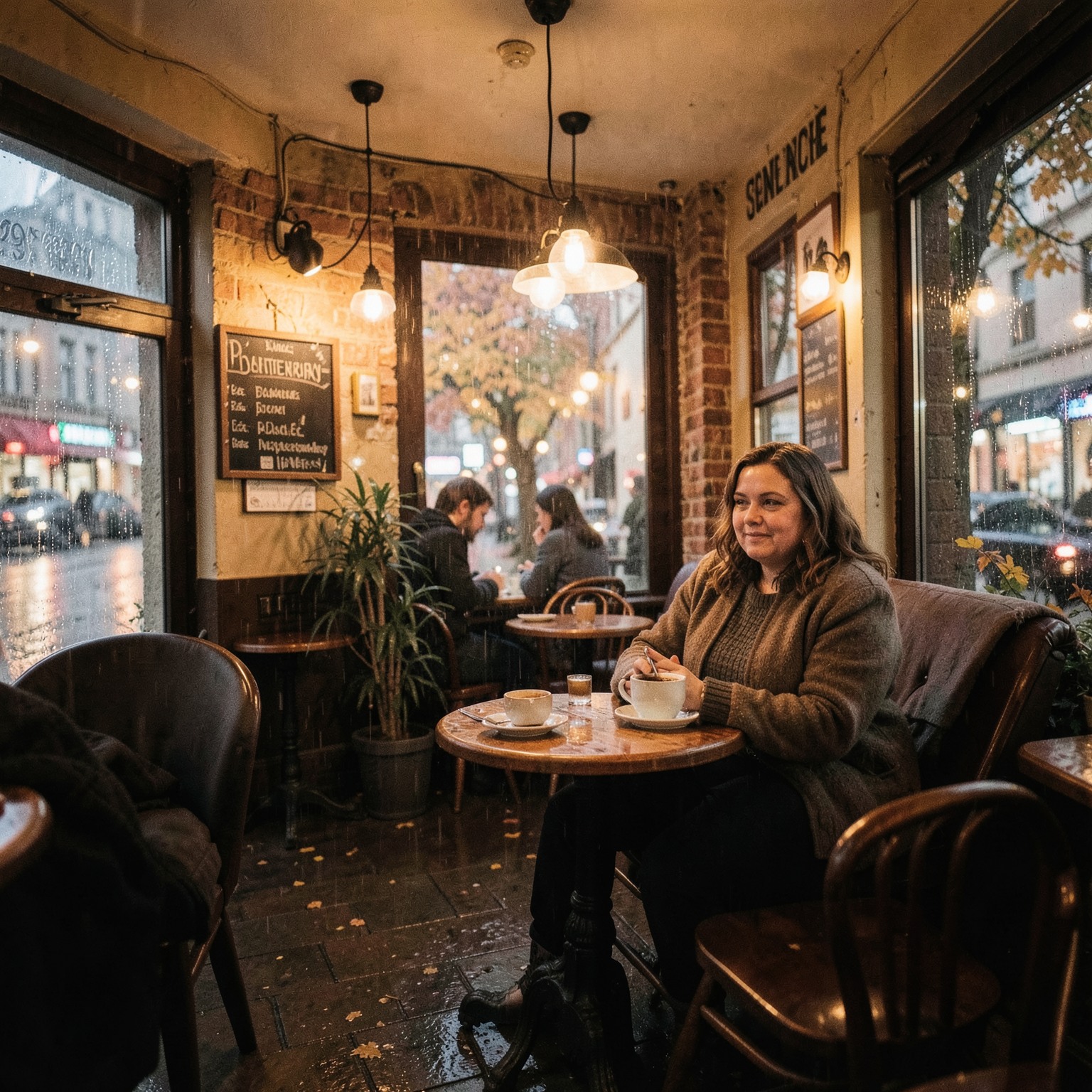 cozy coffee shop during rainy autumn evening