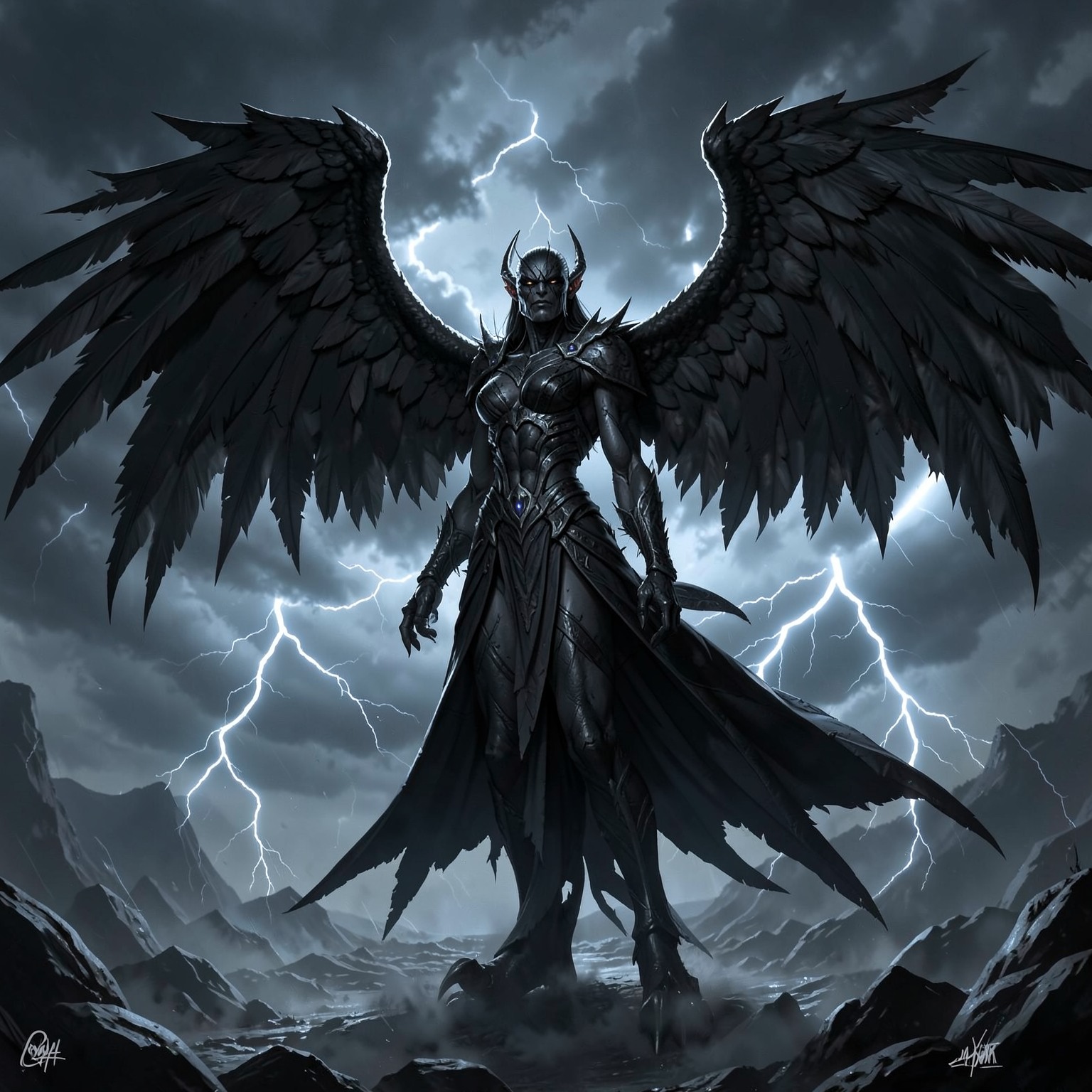 dark angel with giant black wings standing in storm
