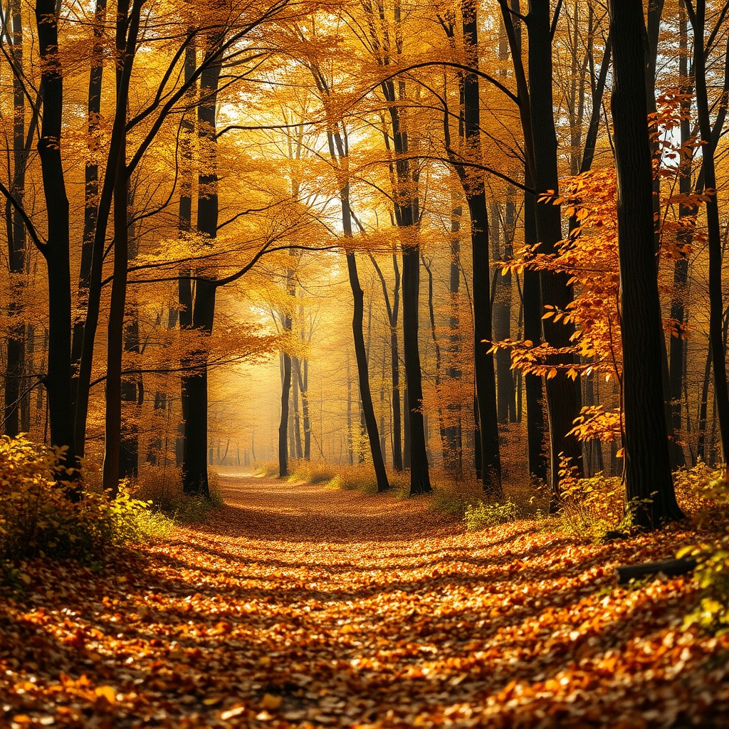 autumn forest path, golden leaves, soft light, ultra realistic photography