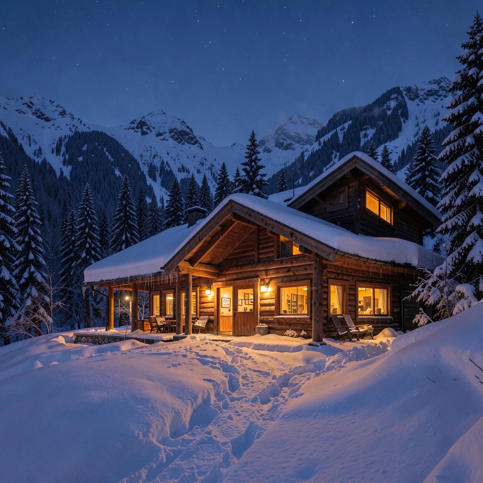 cozy cabin in snowy mountains with warm lights at night