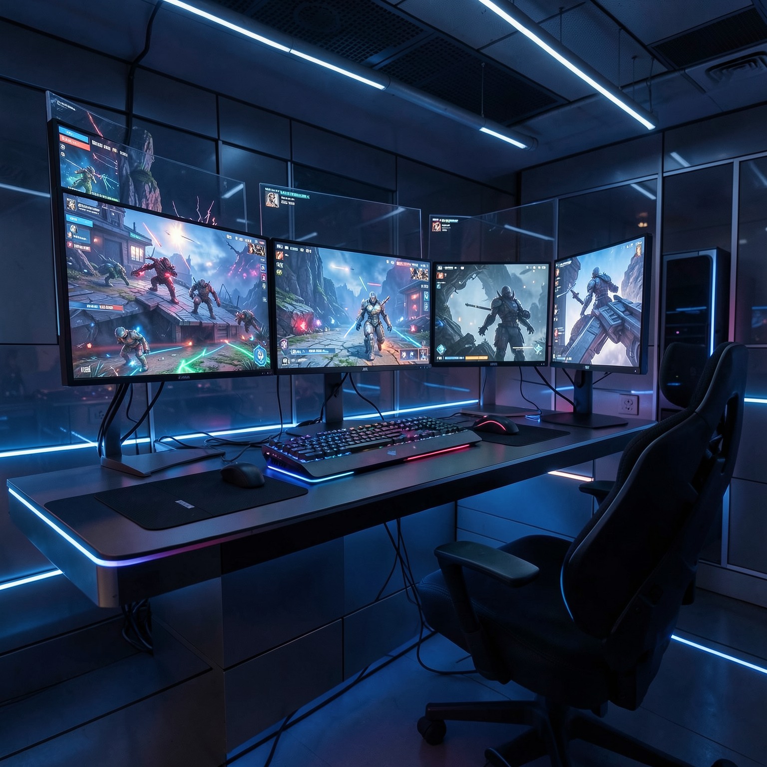 Futuristic gaming setup with transparent monitors