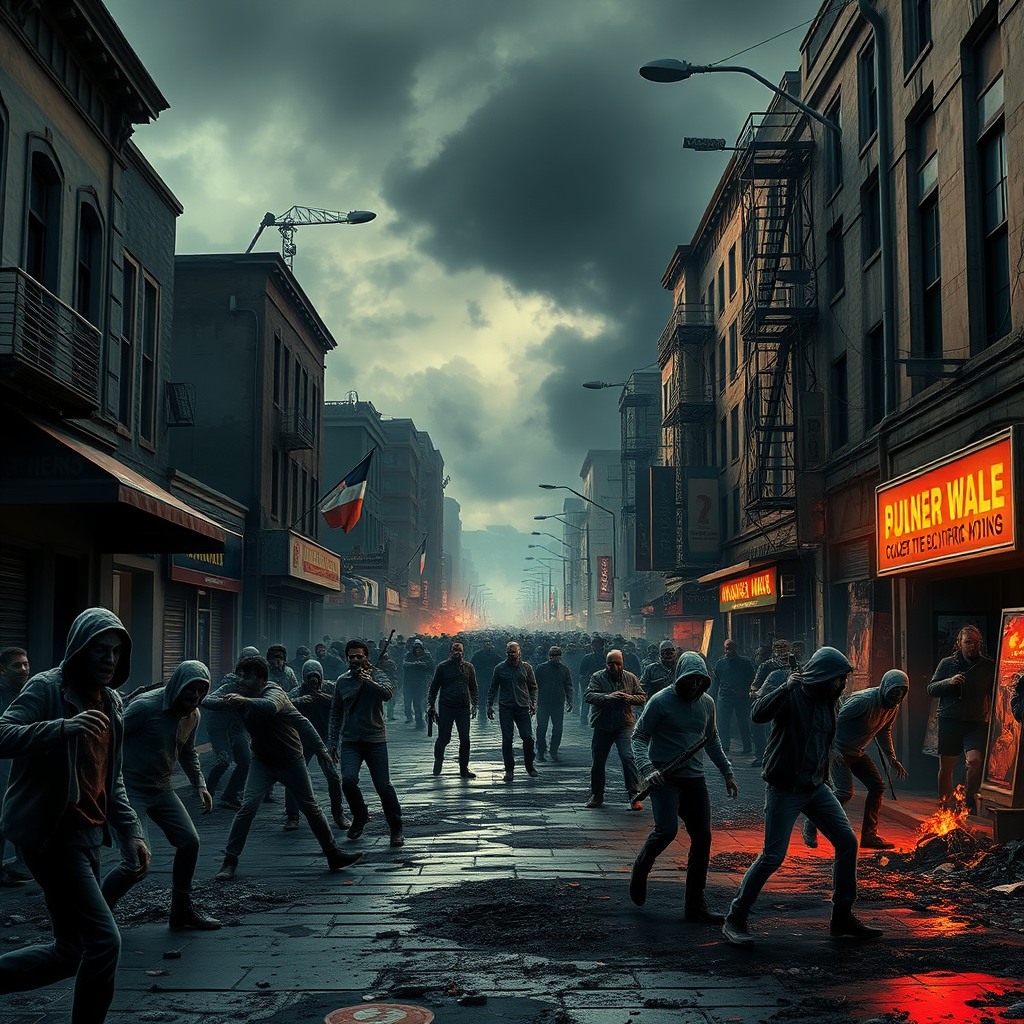 zombie apocalypse street scene, cinematic chaos, ultra detailed