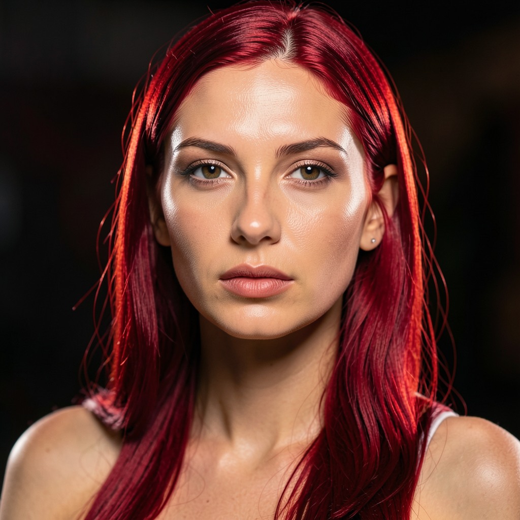 red hear woman, hyper-realistic, rim lighting, ultra sharp focus