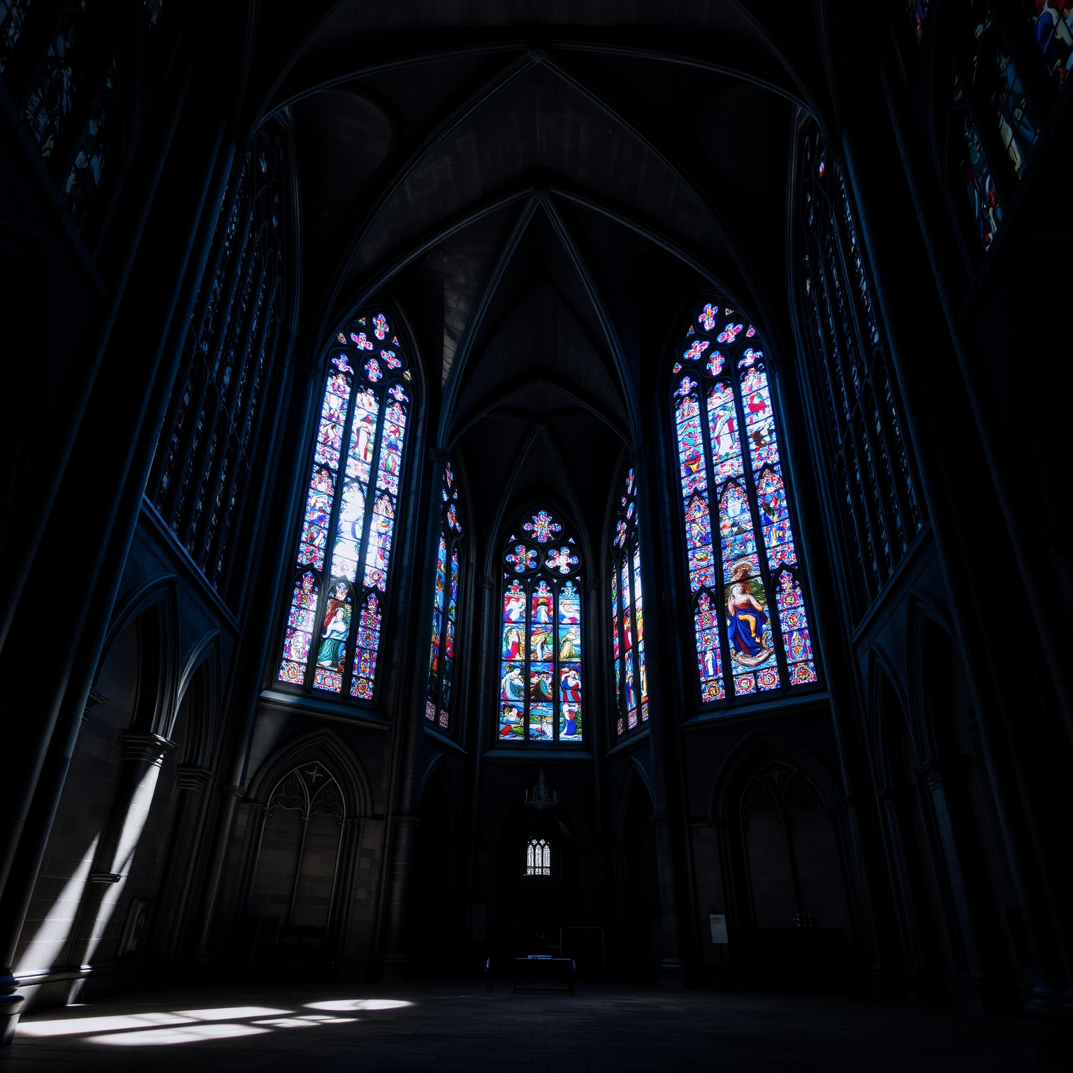 Intricate stained glass windows illuminating a gothic cathedral interior.