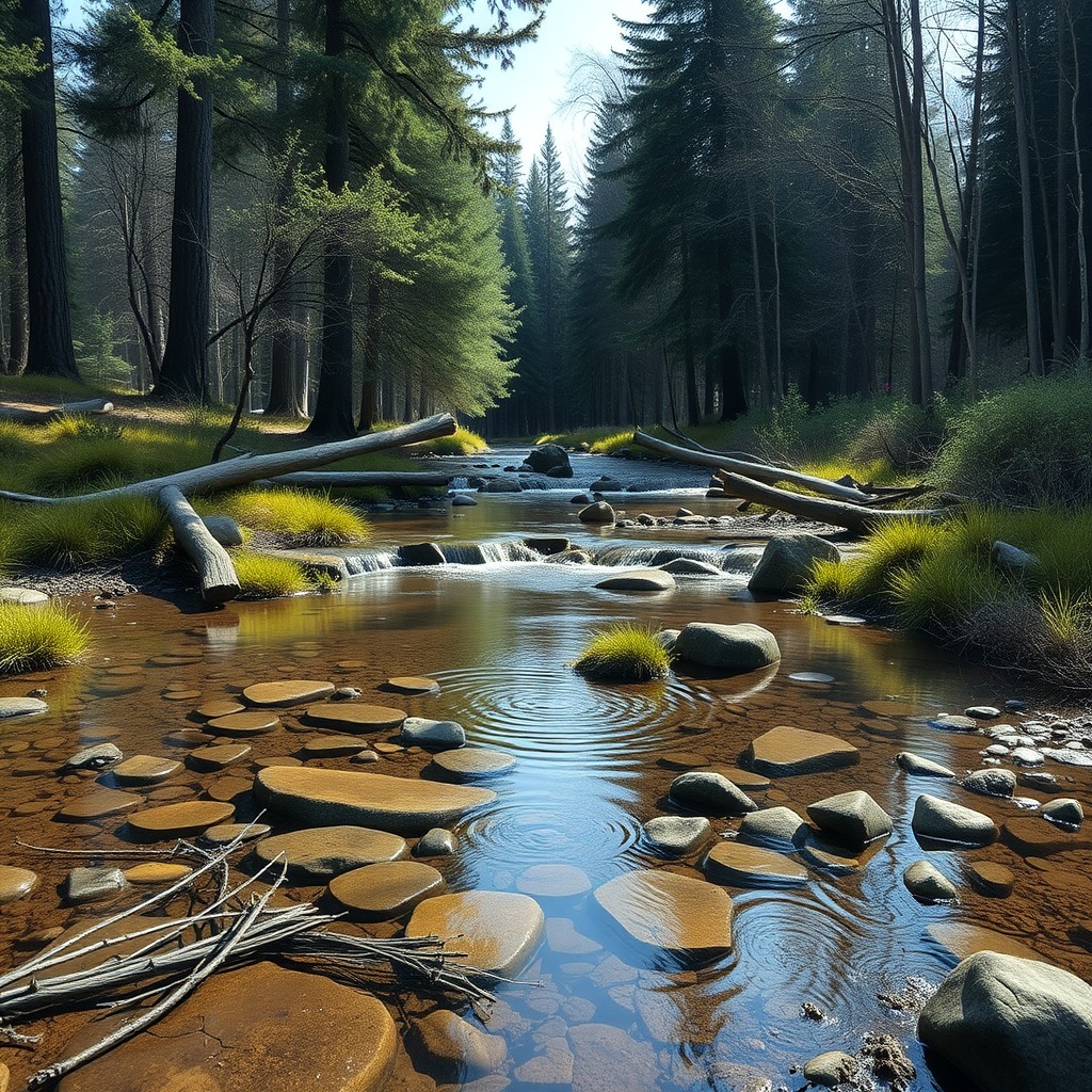 Photo-realistic editorial photography, realistic scene representing shallow creek