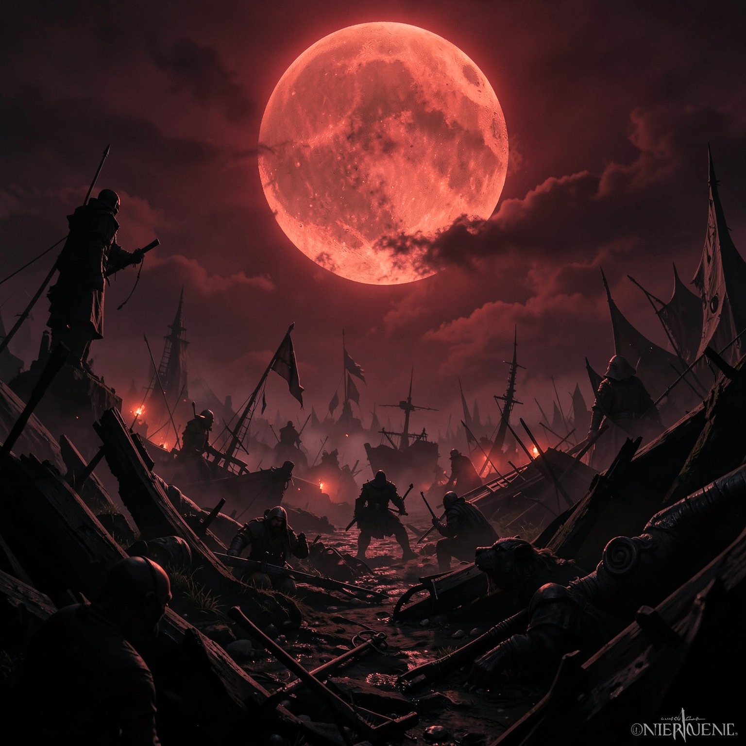 dark fantasy battlefield under red moon