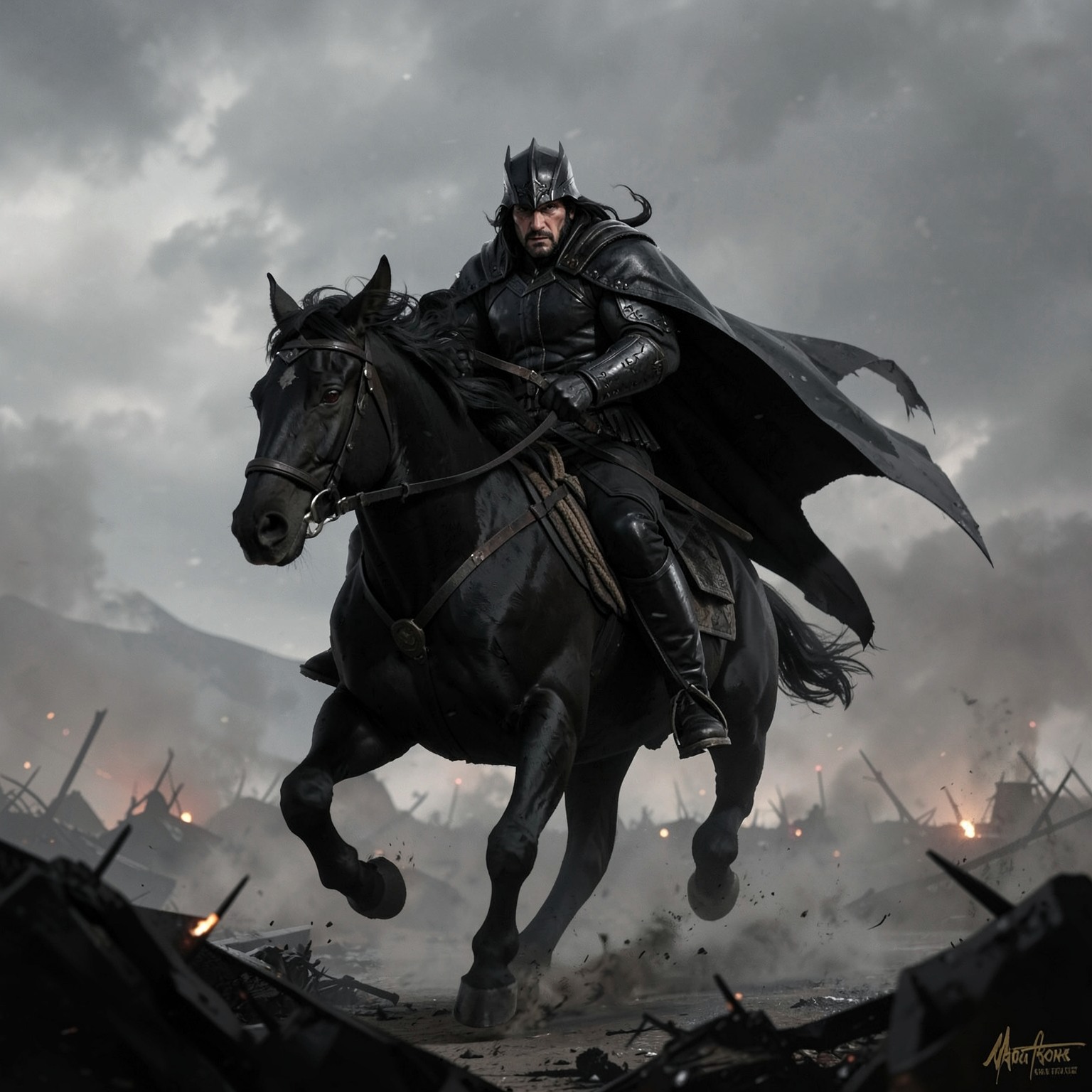 dark knight riding black horse through foggy battlefield