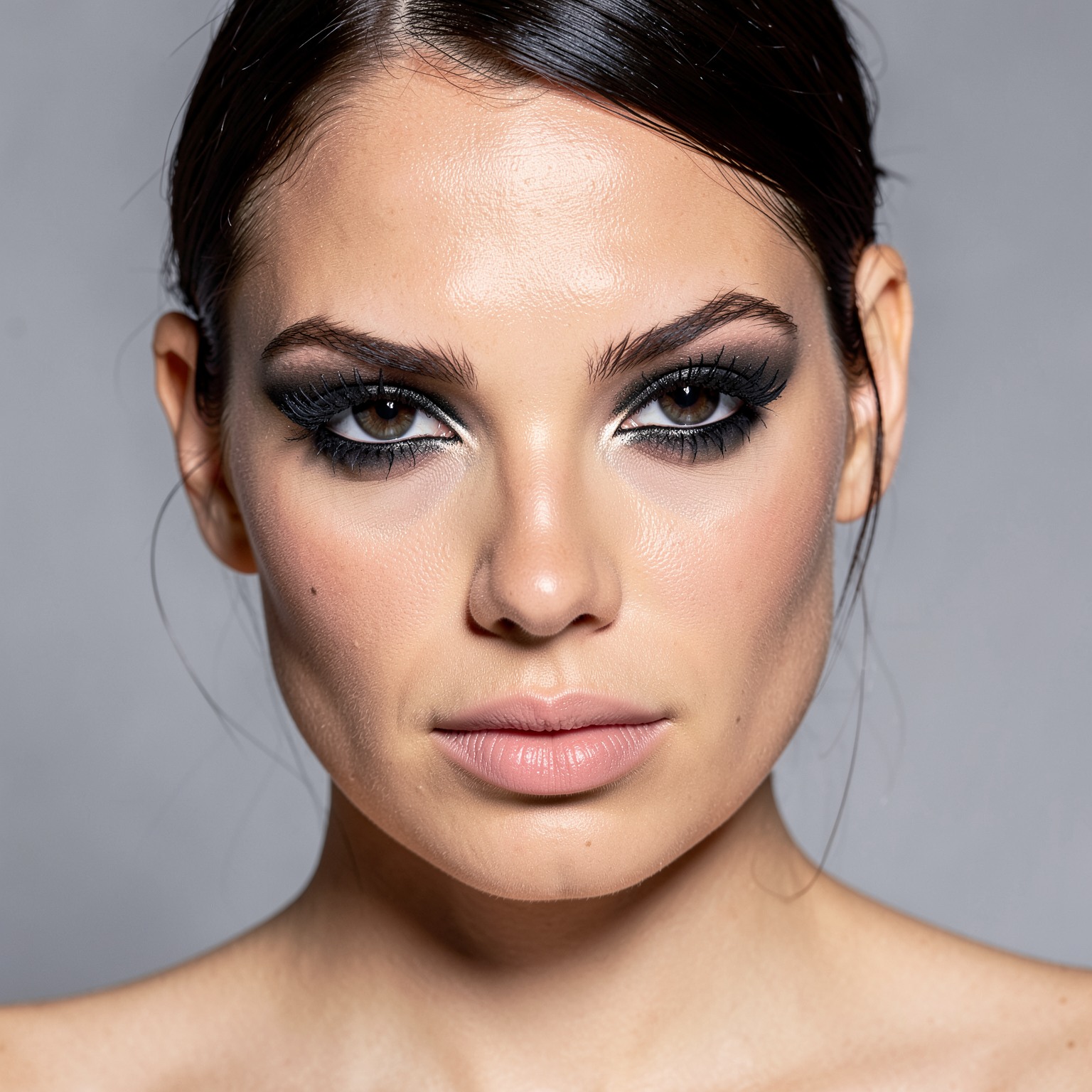 Editorial close-up with strong cheekbones and dramatic eyeliner, studio photography