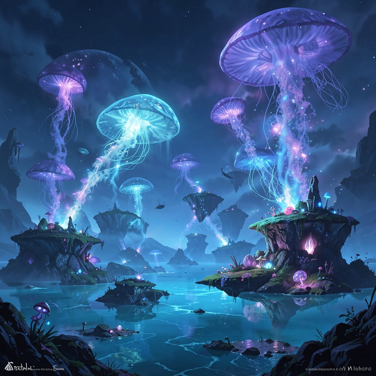 Alien ocean world with glowing jellyfish storms and floating islands