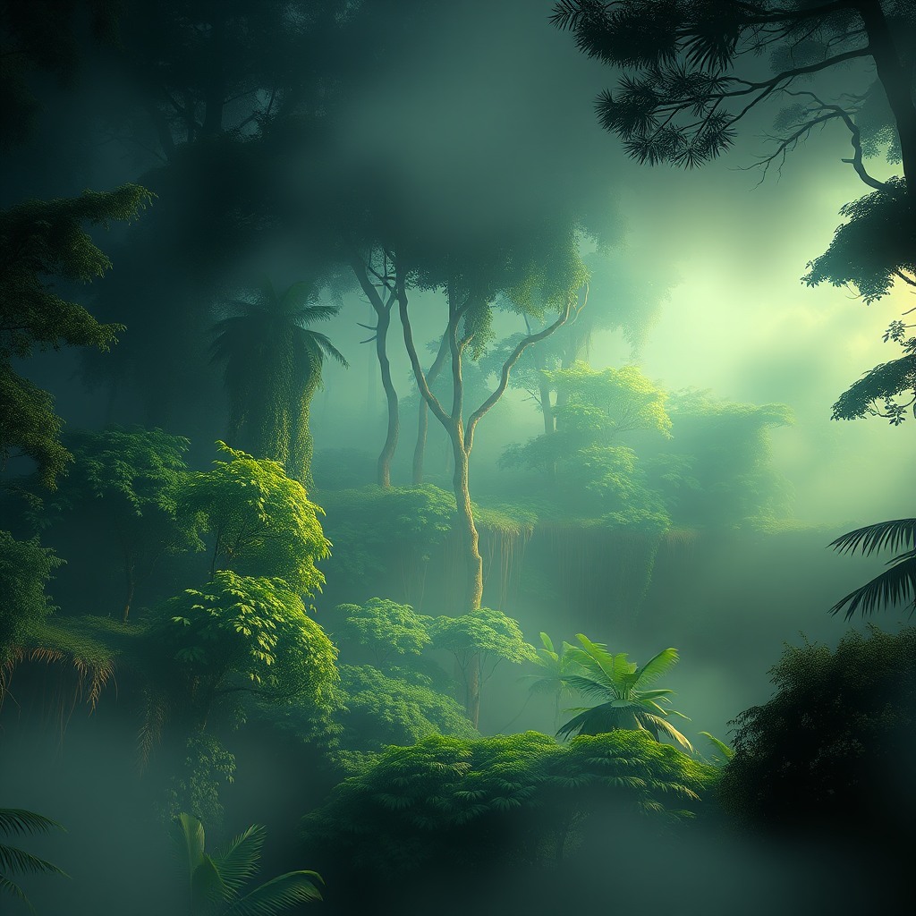rain forest, ultra-detailed digital art, volumetric fog light, mysterious