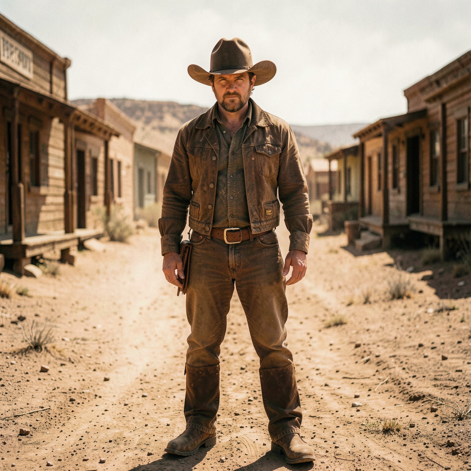 cinematic cowboy standing alone in dusty western town