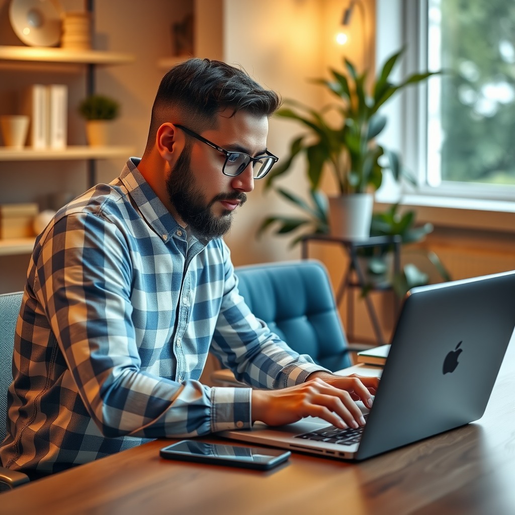 Photo-realistic editorial photography, realistic scene representing a man setting up laptop for video meeting