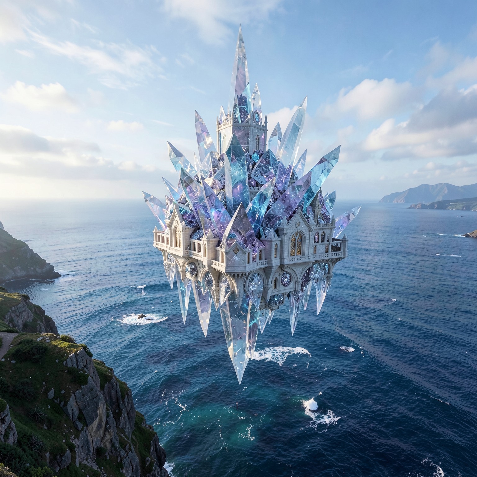 Floating crystal castle above ocean cliffs