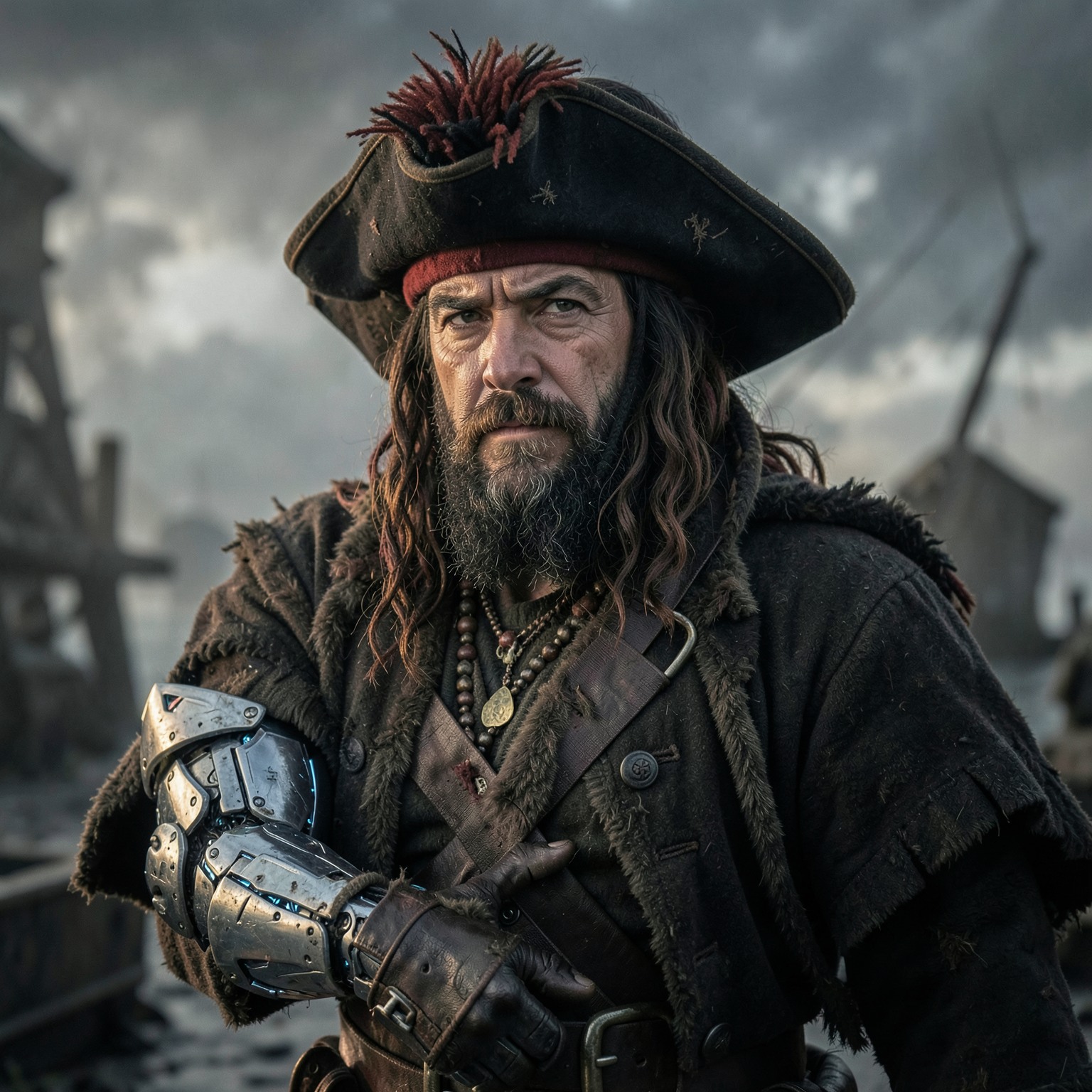 Pirate captain with cybernetic arm, cinematic portrait