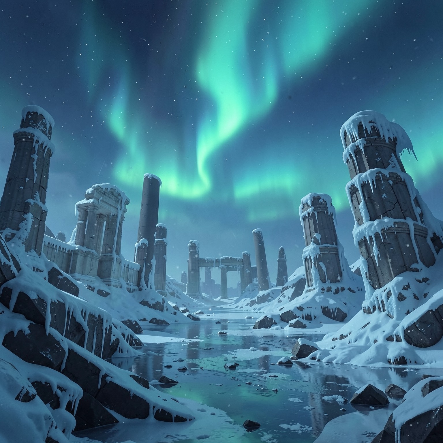 Ancient frozen ruins under aurora sky