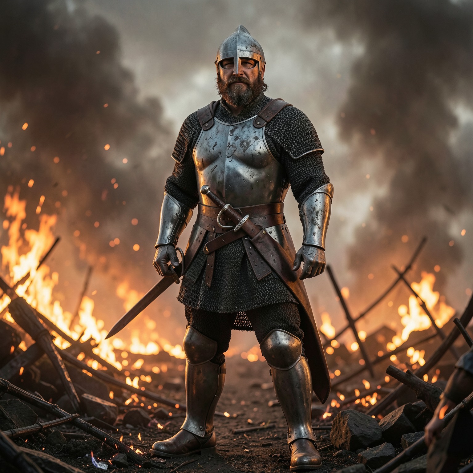 ultra realistic medieval knight standing in burning battlefield smoke, dramatic lighting