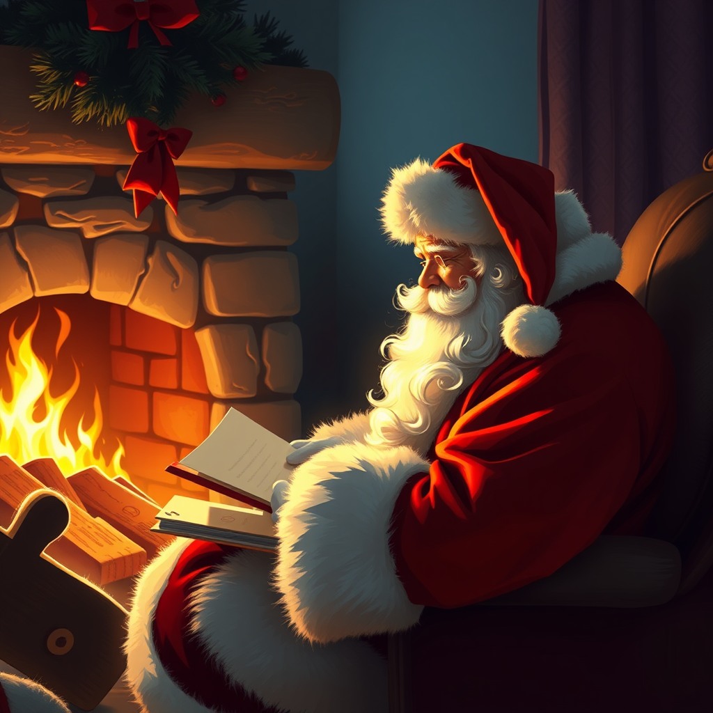 santa claus reading letters by fireplace, warm light, emotional scene