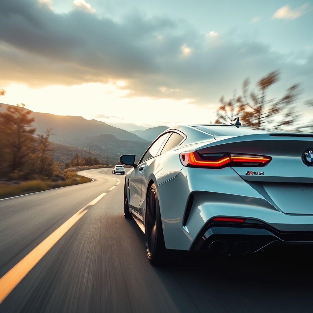 bmw car m8  on the road, photorealistic cinematic, wide angle, 24mm wide lens