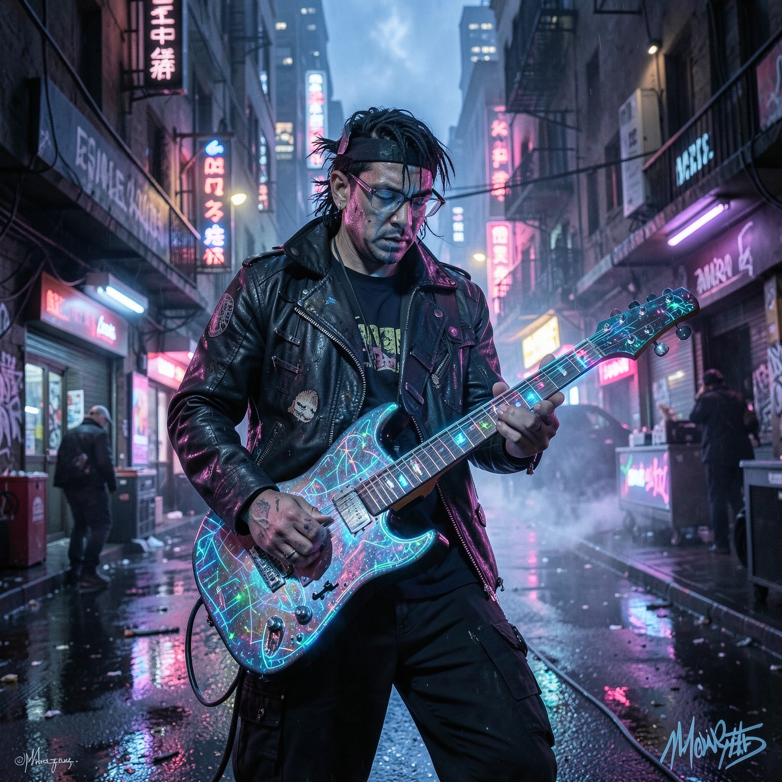cyberpunk street musician with hologram guitar