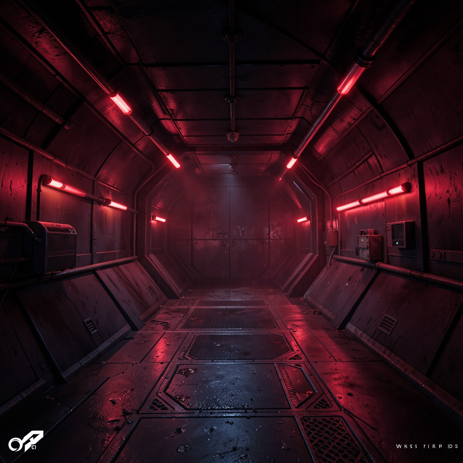 Futuristic underground bunker with red emergency lights