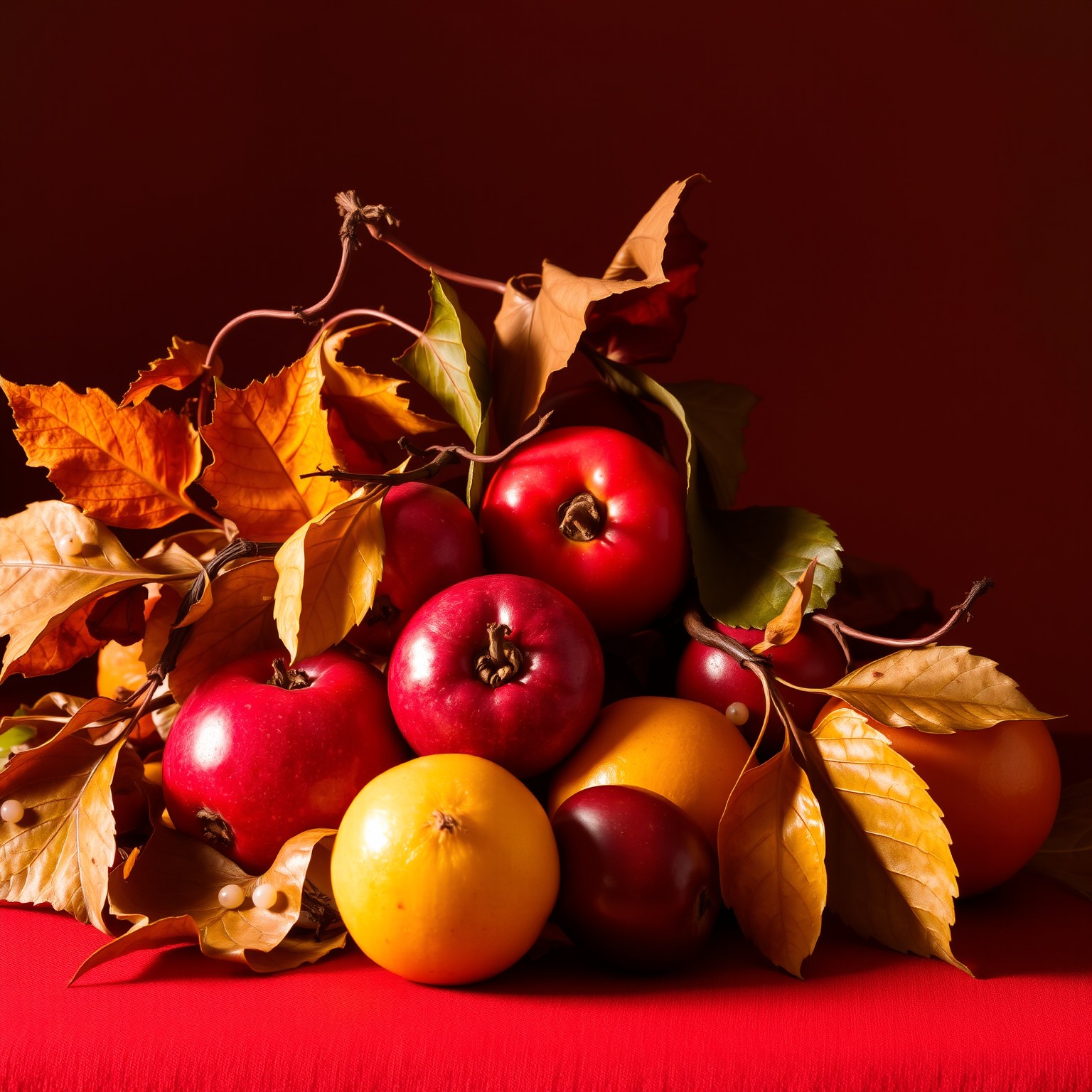 A still life arrangement of autumn fruits and colorful foliage in warm light.