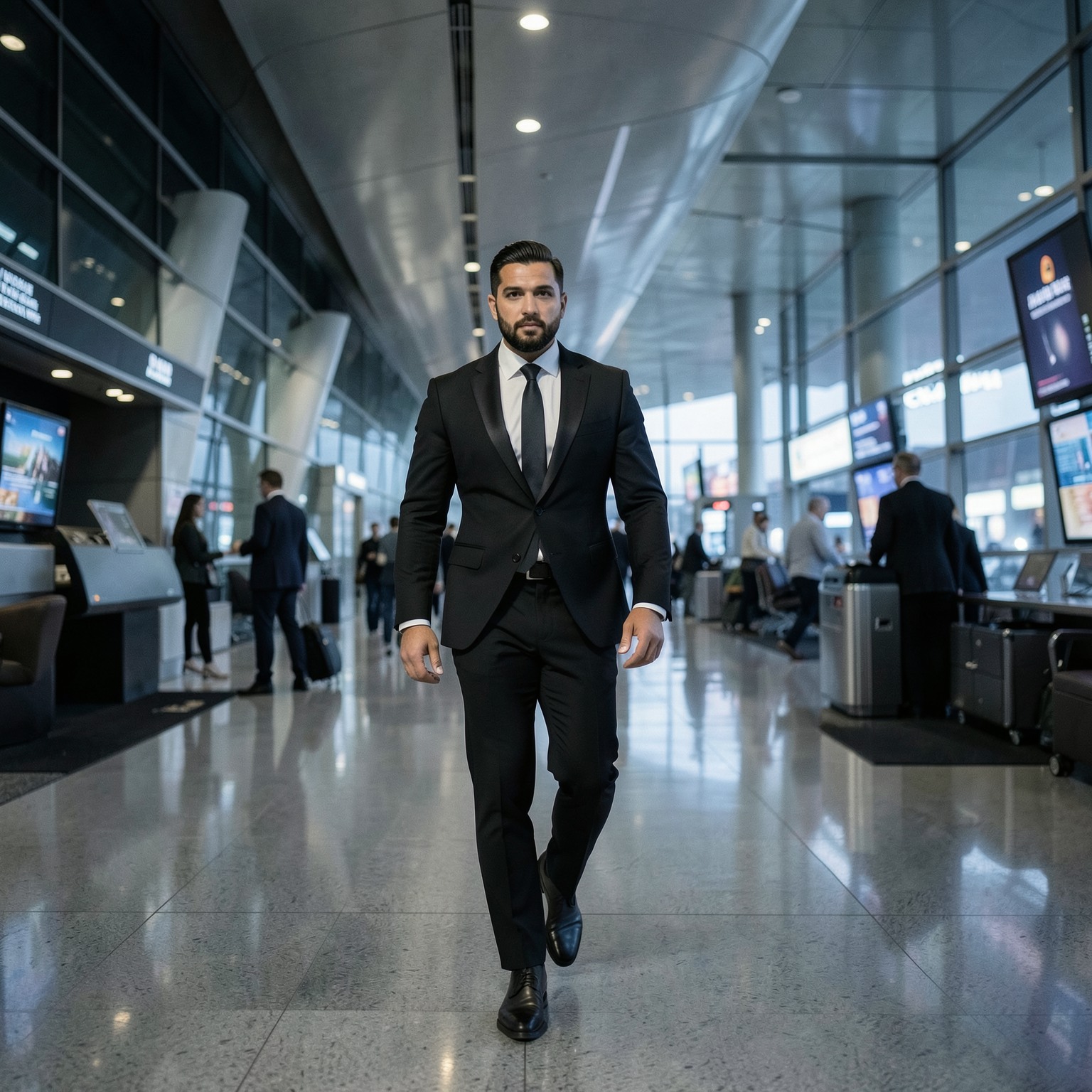 Stylish man in black suit walking through futuristic airport, luxury sci-fi photography