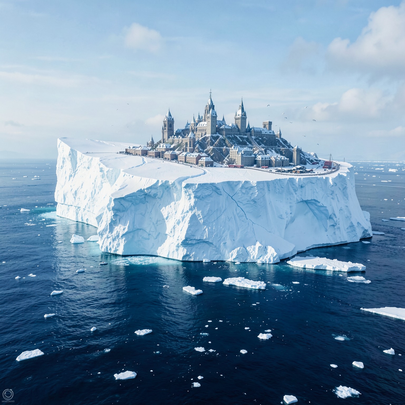 Massive iceberg city floating in Arctic ocean