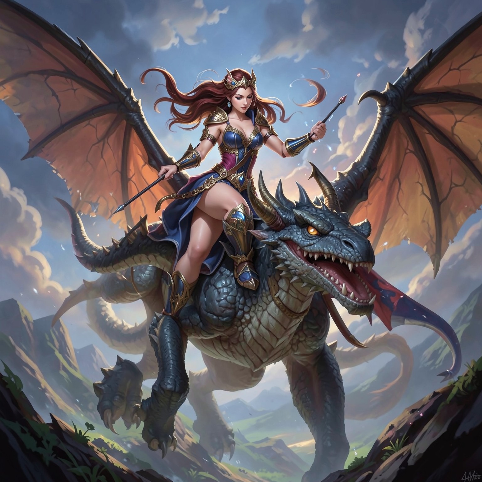 Fantasy warrior princess riding dragon