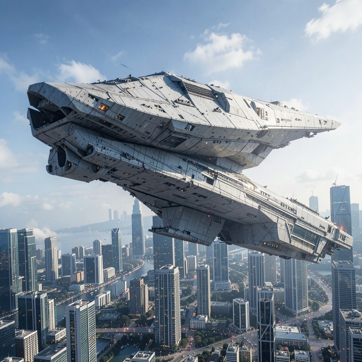 massive spaceship hovering above modern city skyline