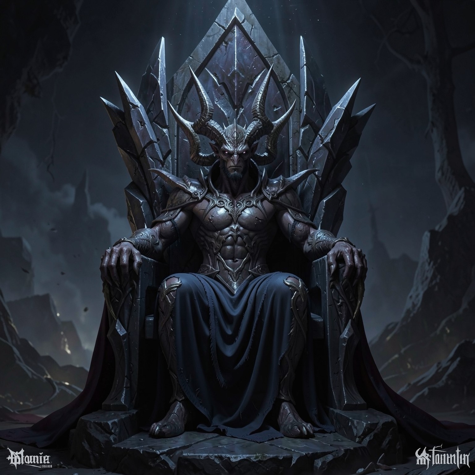 dark fantasy demon king sitting on obsidian throne
