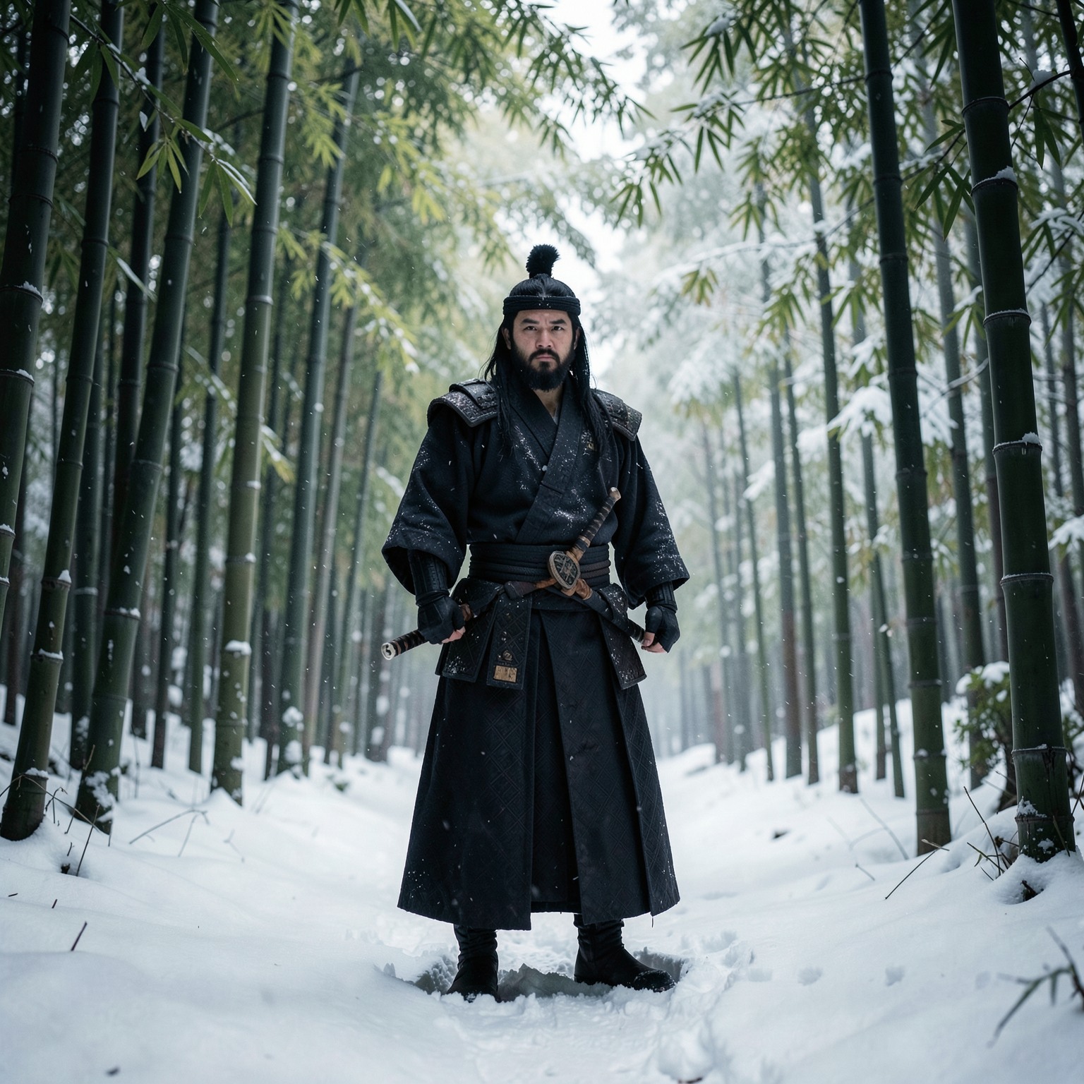 Samurai standing alone in snowy bamboo forest, cinematic composition