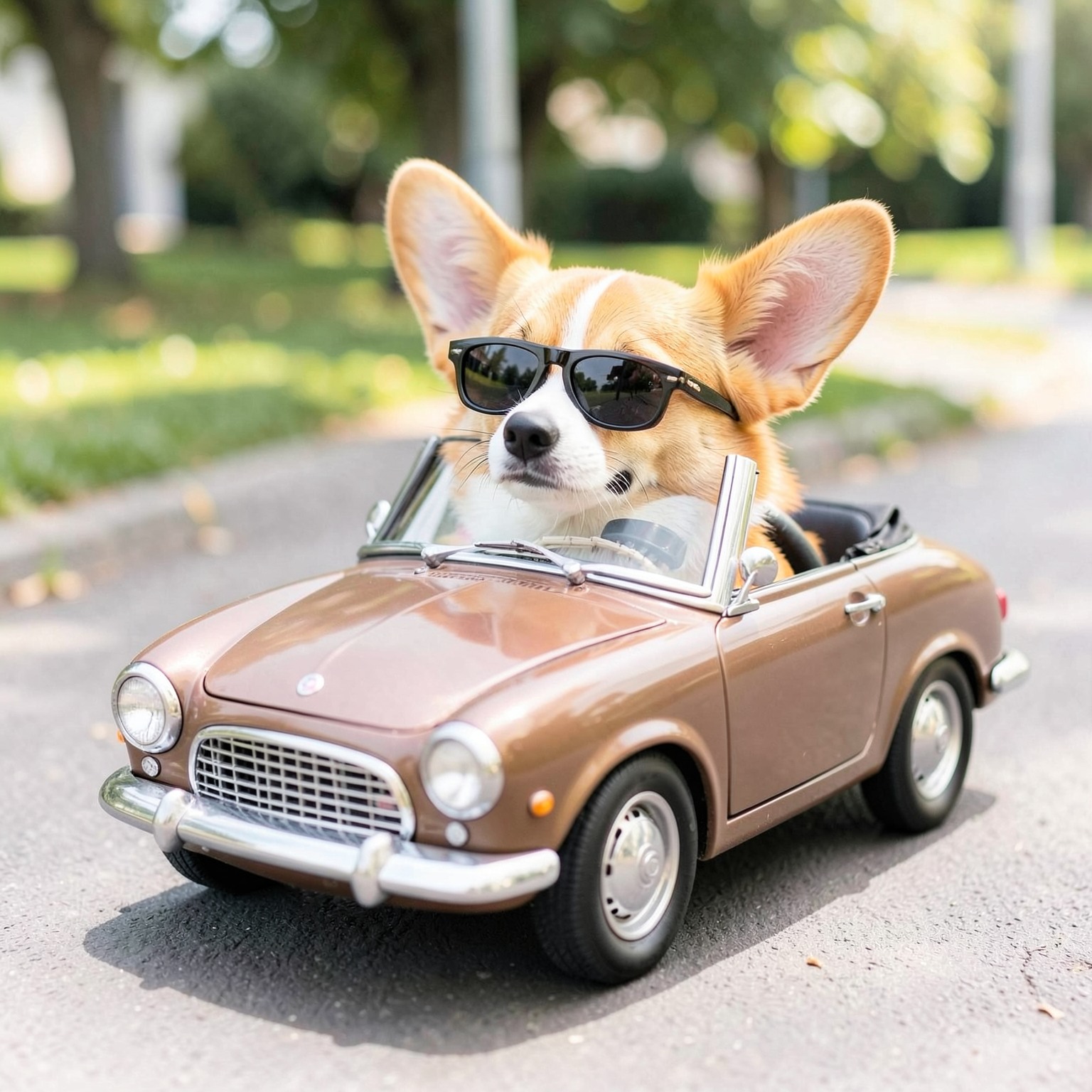 cute corgi wearing sunglasses driving tiny convertible car