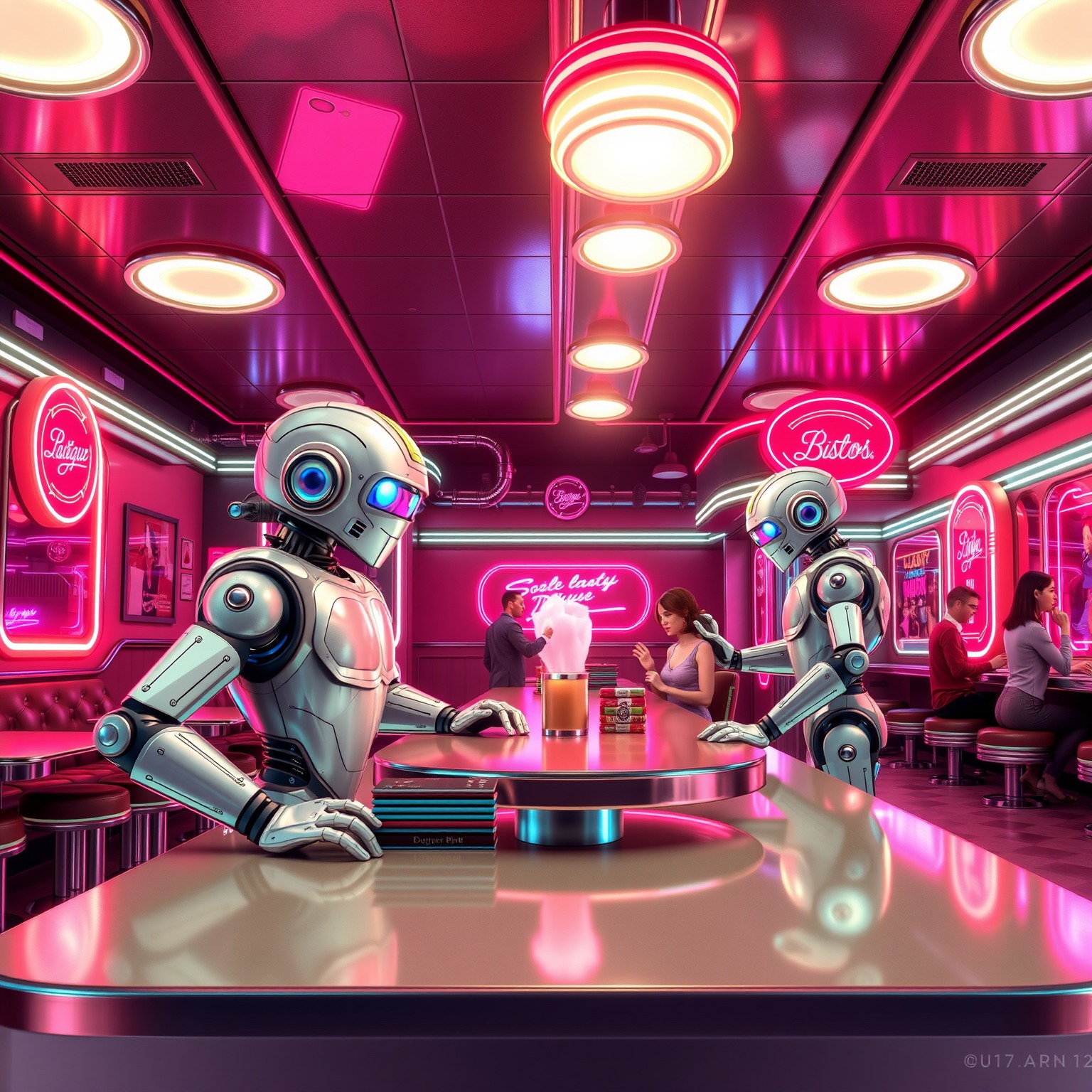A retro futuristic diner scene featuring robots serving customers under neon lights.