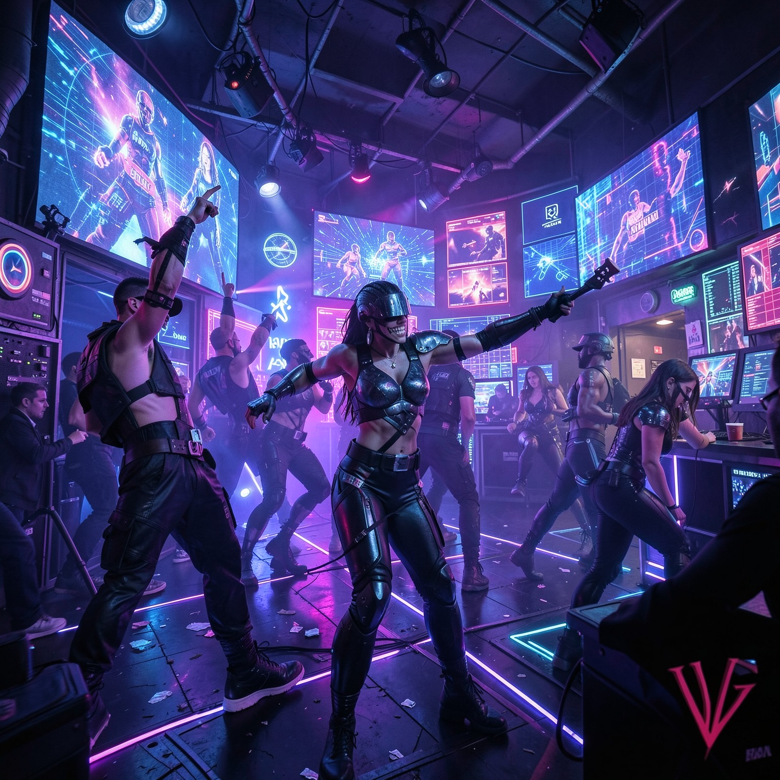 cyberpunk nightclub with neon dancers and holographic screens