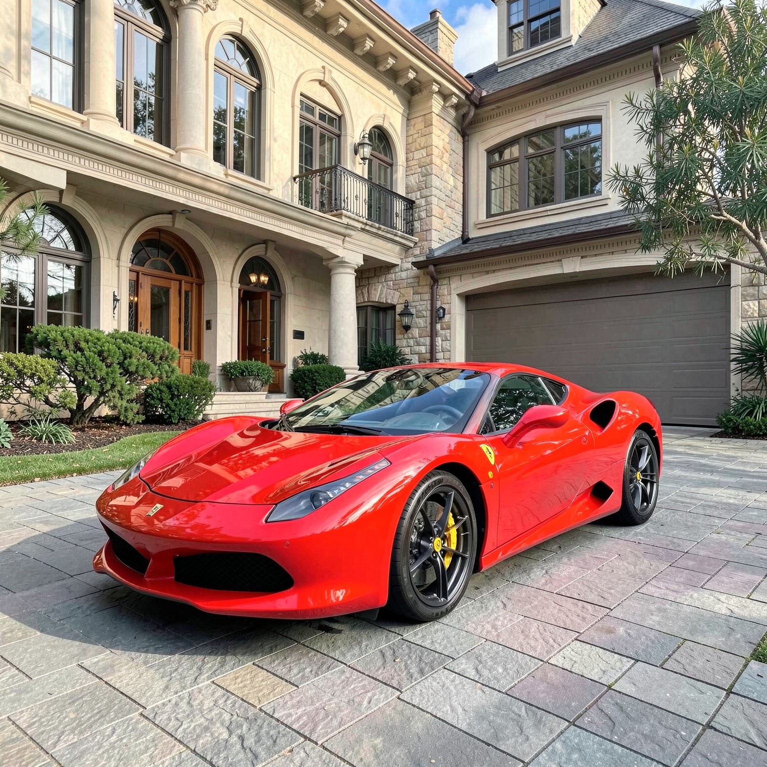hyper realistic Ferrari parked in luxury mansion driveway
