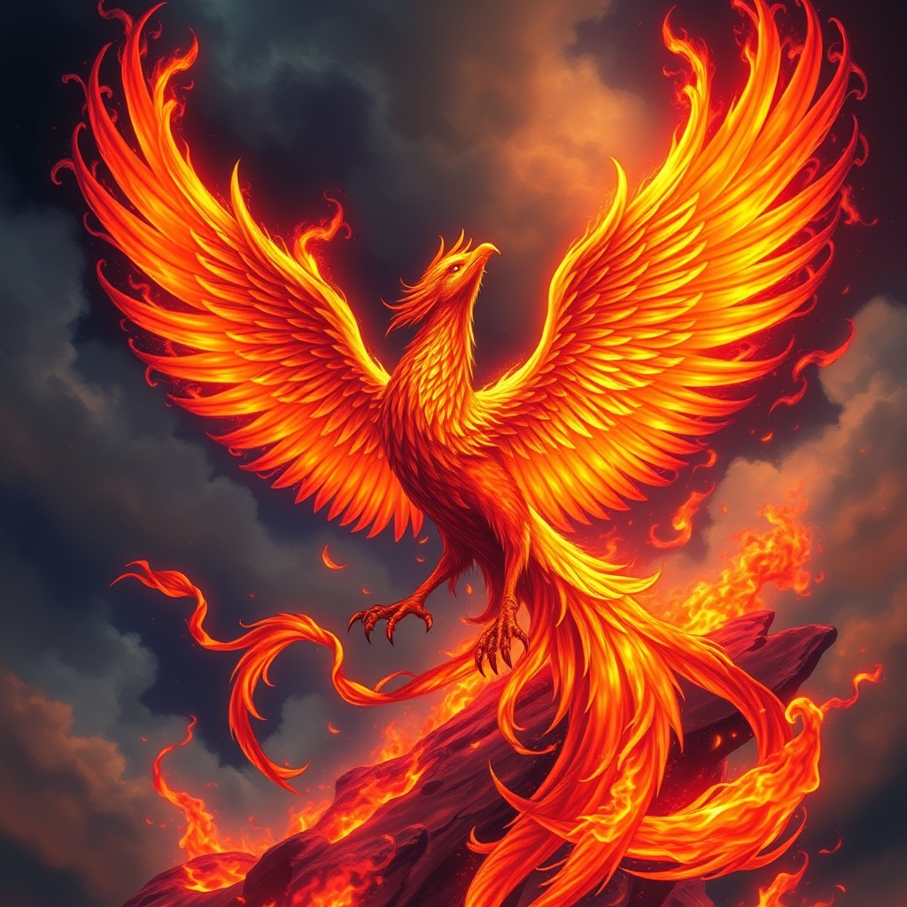 mythical phoenix rising from flames, vibrant colors, epic fantasy