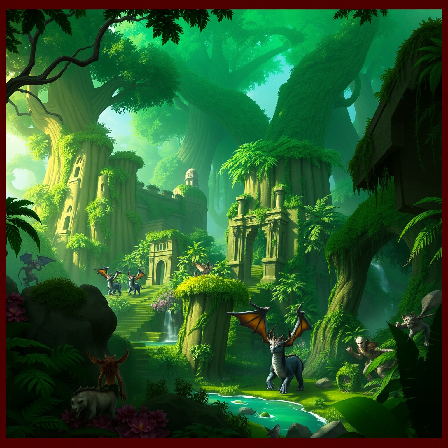 Fantasy jungle with ancient ruins and mythical creatures under green canopy